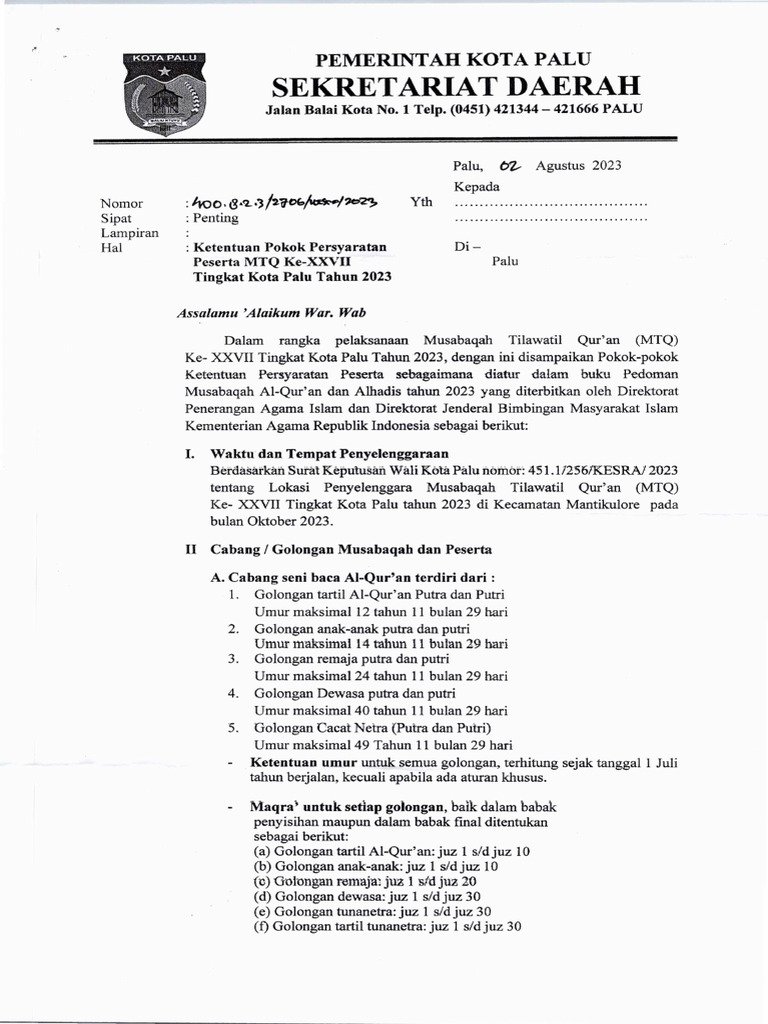 Menjelang MTQ XXVIII Kota Palu, Pemkot Cek Kesiapan Lokasi